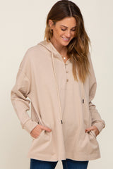 Beige Button Front Hooded Maternity Top