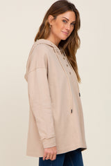 Beige Button Front Hooded Top