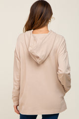 Beige Button Front Hooded Top