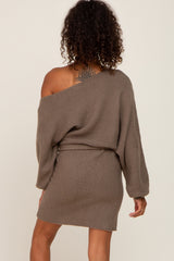 Taupe Solid One-Shoulder Waist Tie Dress