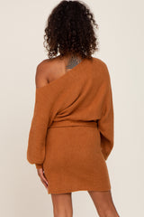 Camel Solid One-Shoulder Waist Tie Dress