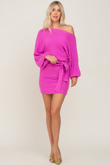 Fuchsia Solid One-Shoulder Waist Tie Dress