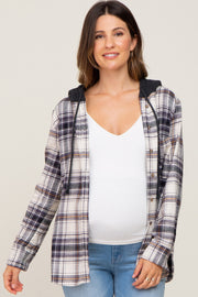 Black Plaid Hooded Maternity Shirt Jacket