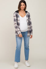 Black Plaid Hooded Maternity Shirt Jacket