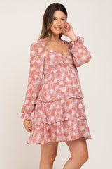 Salmon Floral Ruffle Tiered Maternity Mini Dress