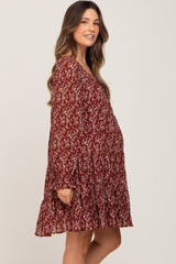 Burgundy Floral Pleated Tiered Maternity Dress