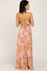 Pink Floral Tie Back Cutout Maxi Dress