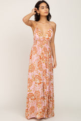 Pink Floral Tie Back Cutout Maxi Dress