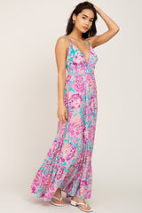 Turquoise Floral Tie Back Cutout Maxi Dress