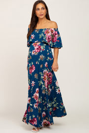 Dark Teal Floral Flounce Off Shoulder Maternity Maxi Dress