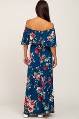 Dark Teal Floral Flounce Off Shoulder Maternity Maxi Dress