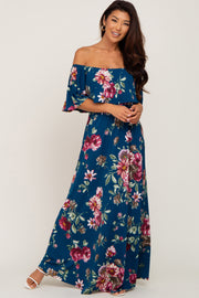 Dark Teal Floral Flounce Off Shoulder Maxi Dress