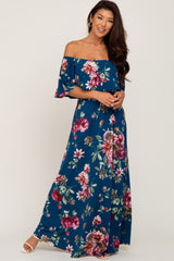 Dark Teal Floral Flounce Off Shoulder Maternity Maxi Dress