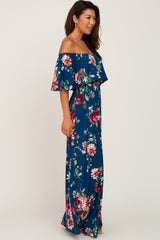 Dark Teal Floral Flounce Off Shoulder Maxi Dress