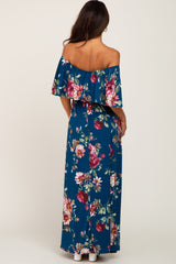 Dark Teal Floral Flounce Off Shoulder Maxi Dress