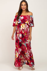 Burgundy Floral Flounce Off Shoulder Maternity Maxi Dress