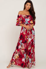 Burgundy Floral Flounce Off Shoulder Maternity Maxi Dress