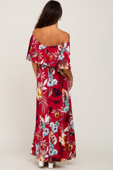 Burgundy Floral Flounce Off Shoulder Maxi Dress