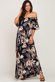 Black Floral Flounce Off Shoulder Maternity Maxi Dress