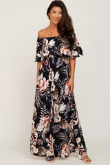 Black Floral Flounce Off Shoulder Maternity Maxi Dress