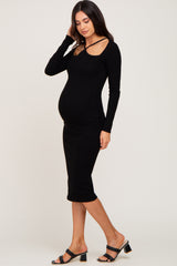 Black Ribbed Cutout Long Sleeve Maternity Dress