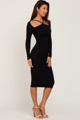 Black Ribbed Cutout Long Sleeve Dress