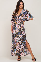 Charcoal Floral Smocked Waist Maternity Maxi Dress