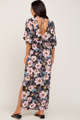 Charcoal Floral Smocked Waist Maternity Maxi Dress