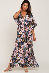 Charcoal Floral Smocked Waist Maternity Maxi Dress