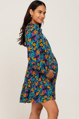 Teal Floral Tiered Maternity Dress