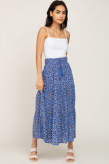 Blue Floral Tiered Front Tie Midi Skirt