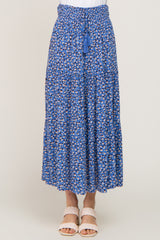 Blue Floral Tiered Front Tie Midi Skirt