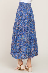 Blue Floral Tiered Front Tie Midi Skirt