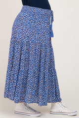 Blue Floral Tiered Front Tie Maternity Midi Skirt