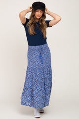 Blue Floral Tiered Front Tie Maternity Midi Skirt