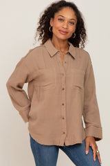 Mocha Button Down Collared Frayed Top