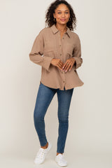 Mocha Button Down Collared Frayed Top