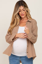 Mocha Button Down Collared Frayed Maternity Top