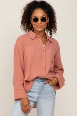 Peach Button Down Collared Frayed Maternity Top