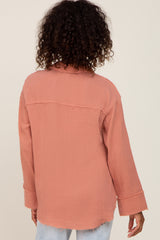 Peach Button Down Collared Frayed Top