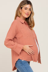 Peach Button Down Collared Frayed Maternity Top