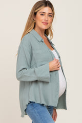 Green Button Down Collared Frayed Maternity Top