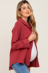 Rust Button Down Collared Frayed Maternity Top