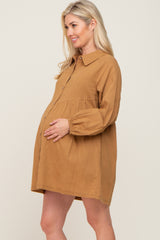 Camel Button Down Maternity Mini Dress