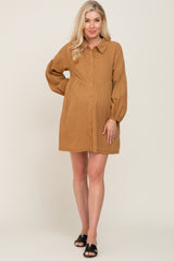 Camel Button Down Maternity Mini Dress