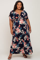 Navy Floral Deep V-Neck Maternity Plus Maxi Dress