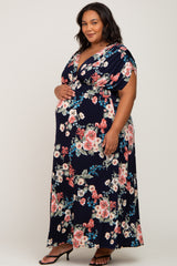 Navy Floral Deep V-Neck Maternity Plus Maxi Dress