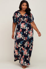 Navy Floral Deep V-Neck Maternity Plus Maxi Dress