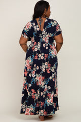 Navy Floral Deep V-Neck Plus Maxi Dress