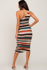 Rust Striped One Shoulder Maternity Fitted Dress